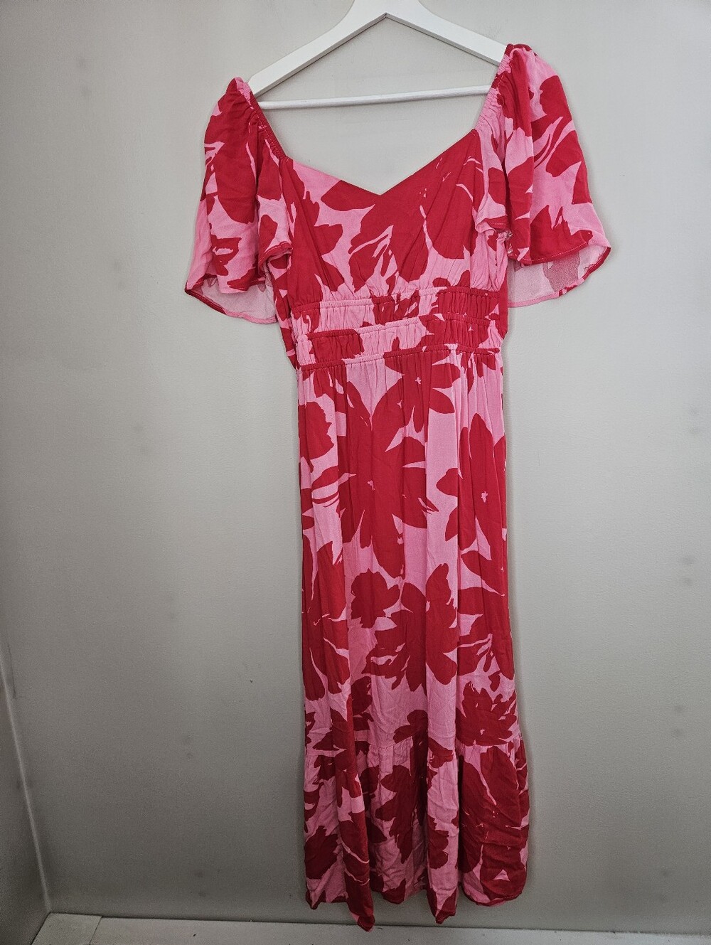 Lily Rose Pink Floral Print Maxi Dress Flutter Sleeves Summer Open Back NEW